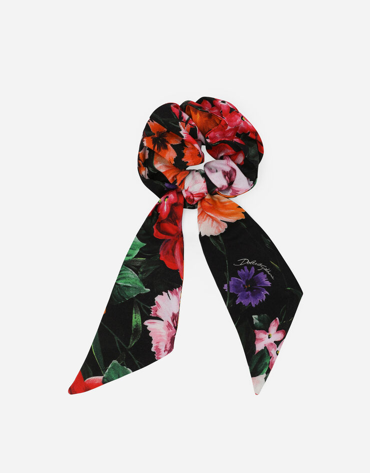 Dolce & Gabbana Viyella scrunchie with floral print over a black background Print LB7A22FS8DD