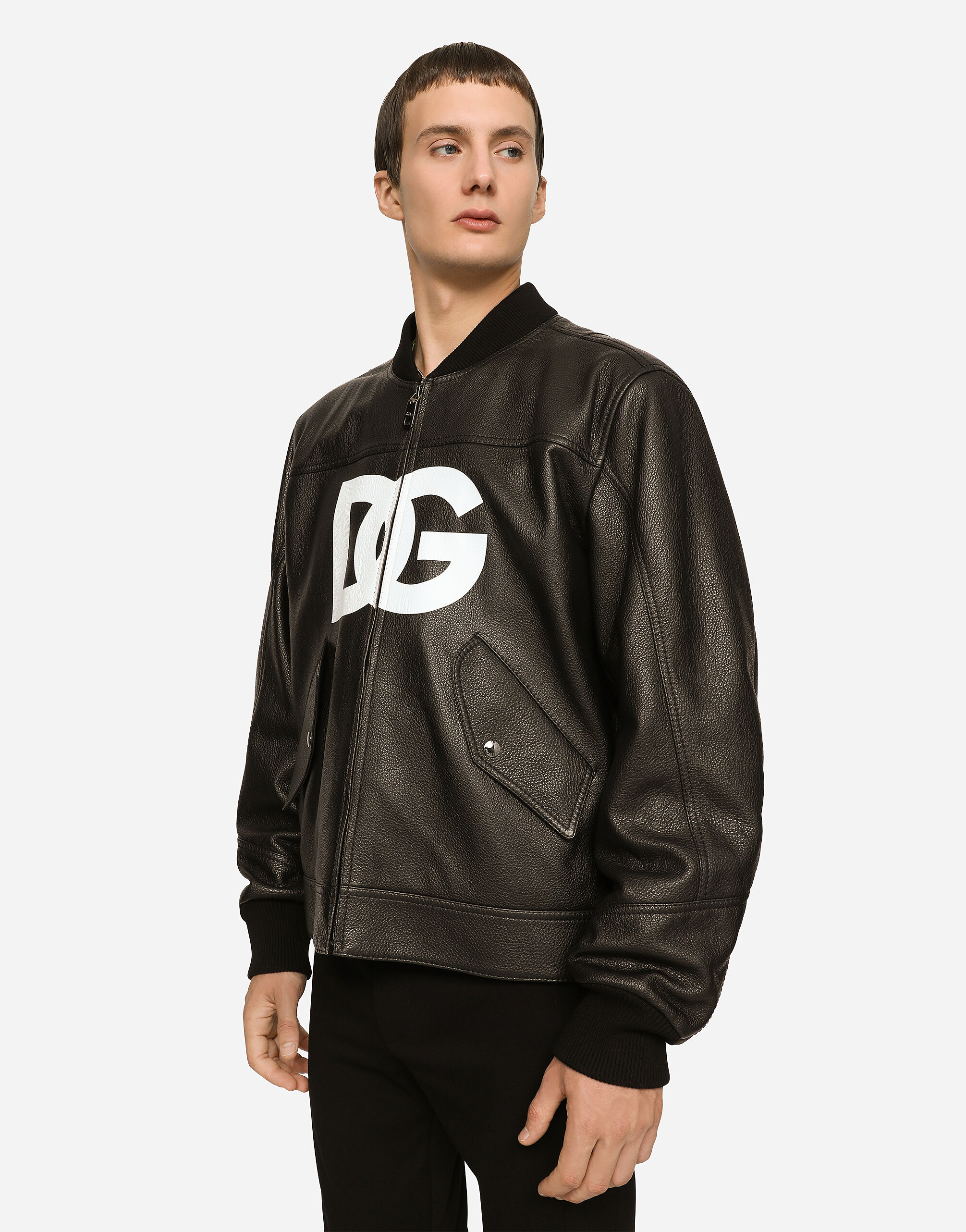Leather jacket with DG logo print in Black for | Dolce&Gabbana® US