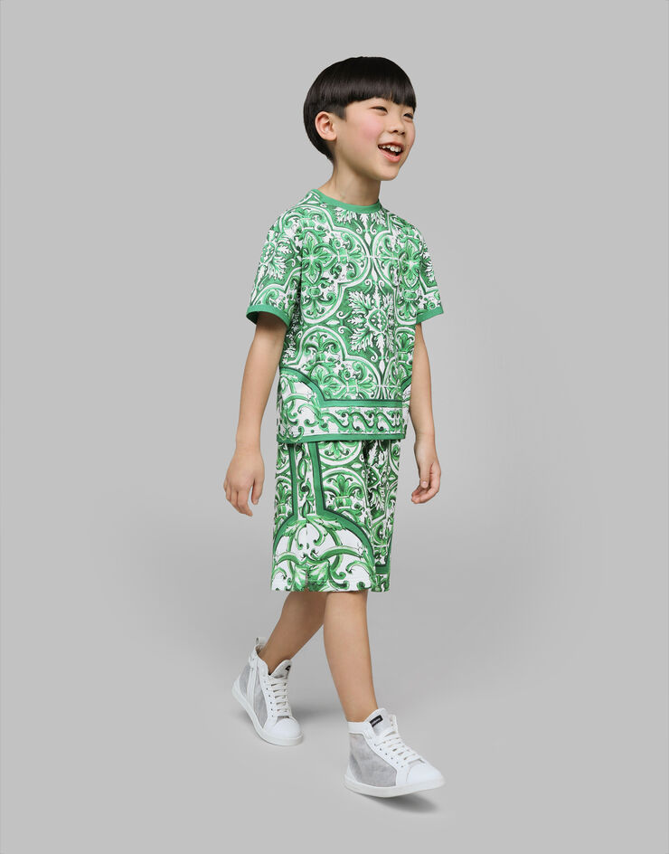 Dolce & Gabbana Jersey shorts with green majolica print Print L4JQT4II7EF