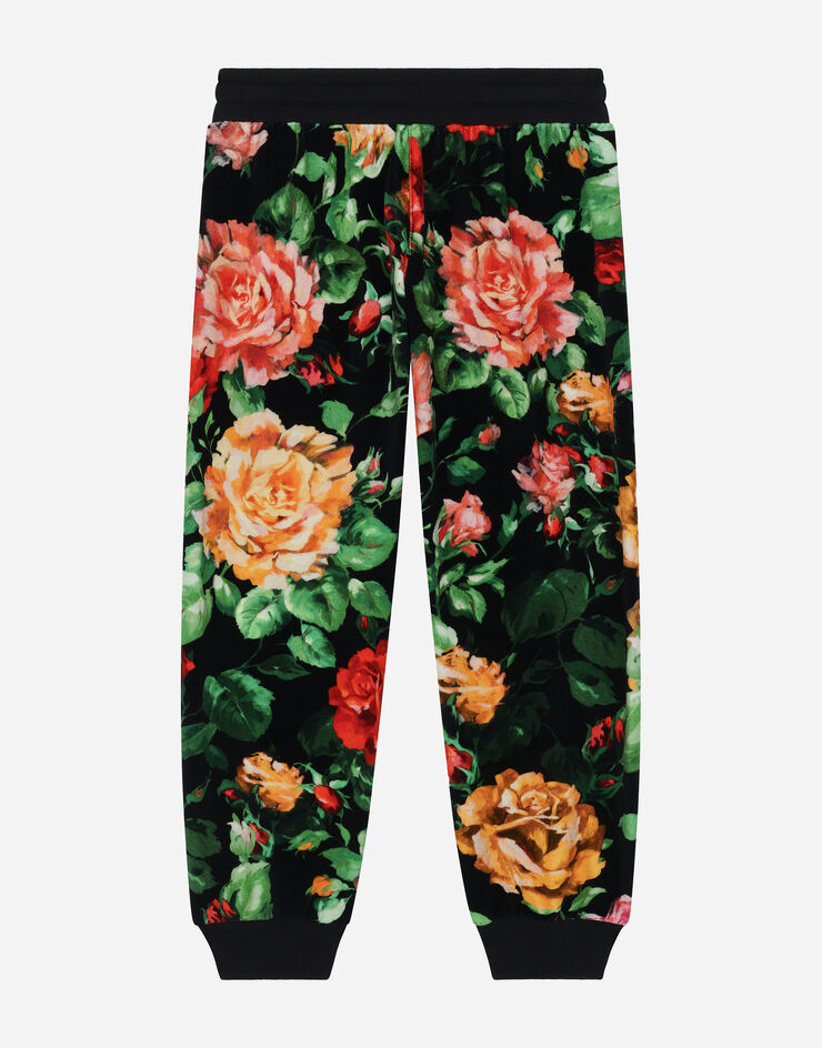 Dolce & Gabbana Jogginghose aus Chenille mit Rosenprint auf schwarzem Grund Drucken L5JPD7HS7O9