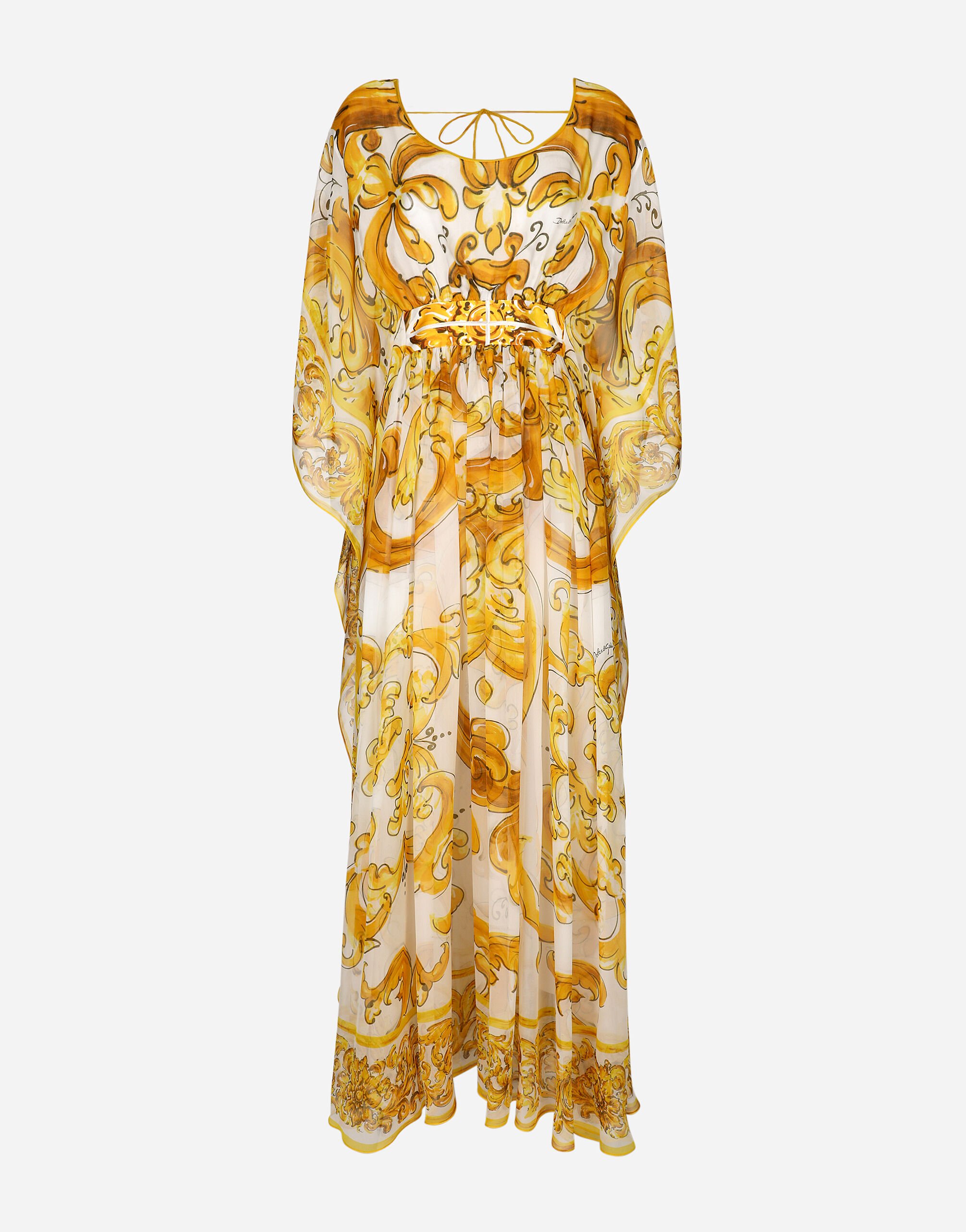 ${brand} Long silk chiffon dress with majolica print ${colorDescription} ${masterID}