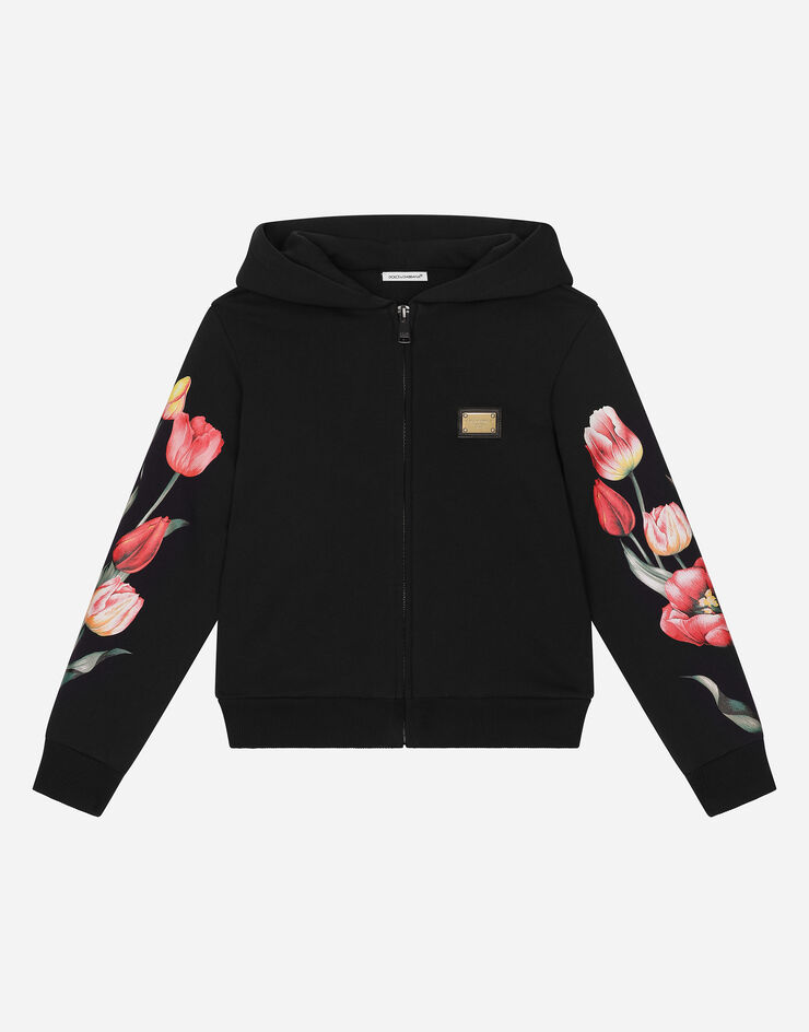 Dolce & Gabbana Jersey hoodie with tulip print and branded tag Blue L5JWAUG7NNZ