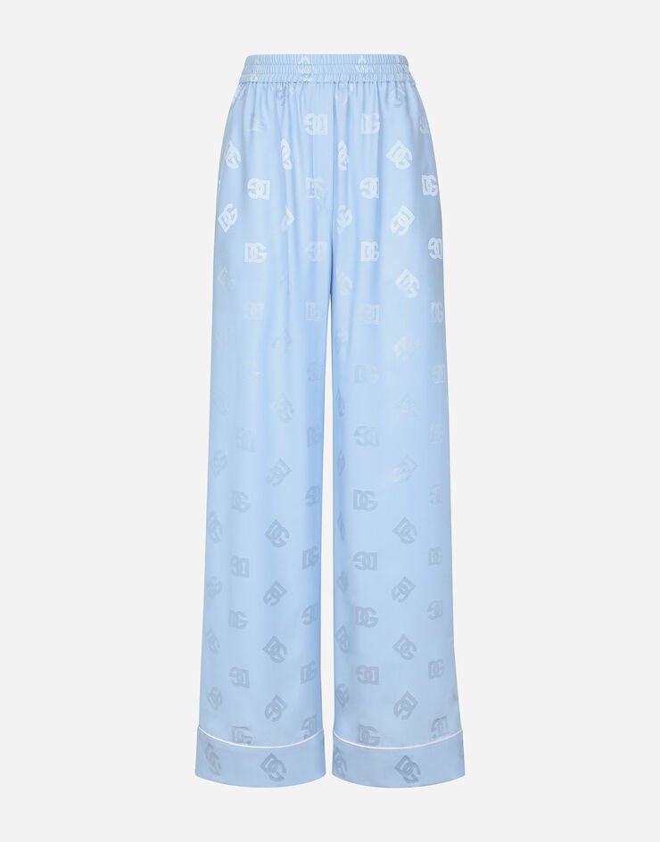 Dolce & Gabbana Silk satin jacquard pajama pants with all-over DG logo Light Blue FTAMPTFJ1JO