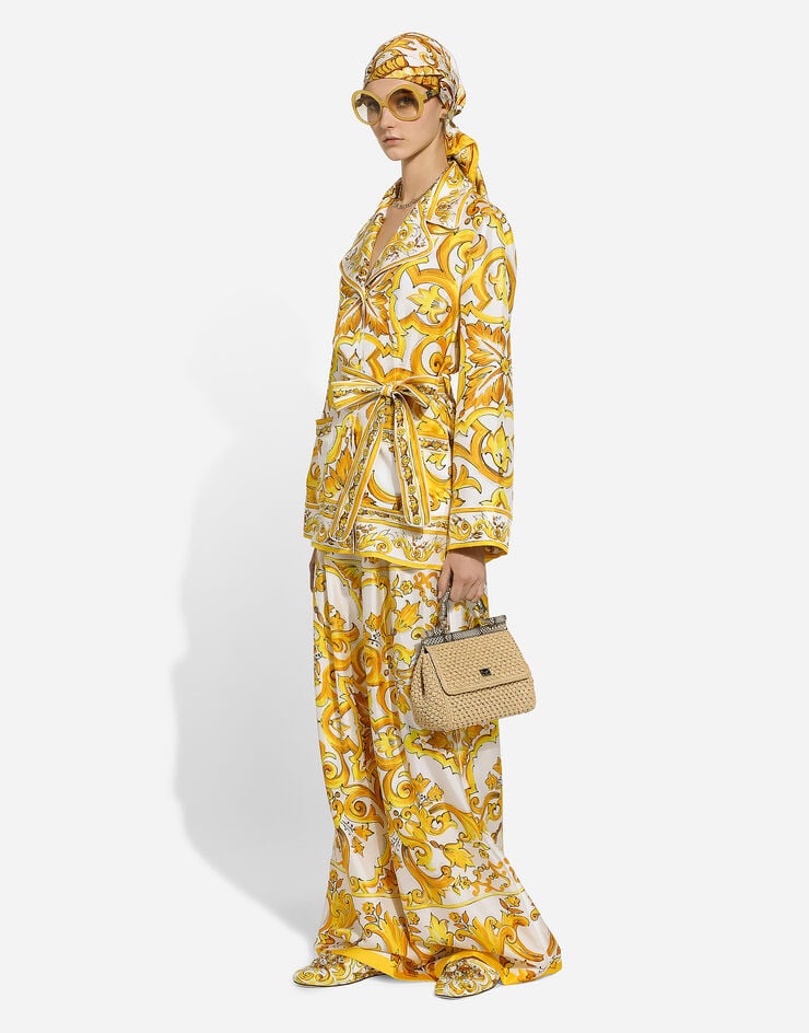 Dolce & Gabbana Pantalón con cintura elástica en sarga de seda con estampado Maiolica Imprima FTC63THI1BE