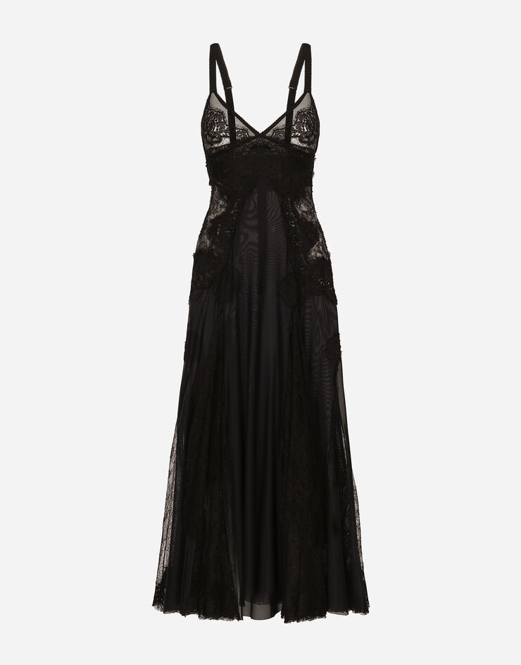 Dolce & Gabbana Robe combinette mi-longue en tulle avec des empiècements en dentelle Noir F6HASTFLRC2