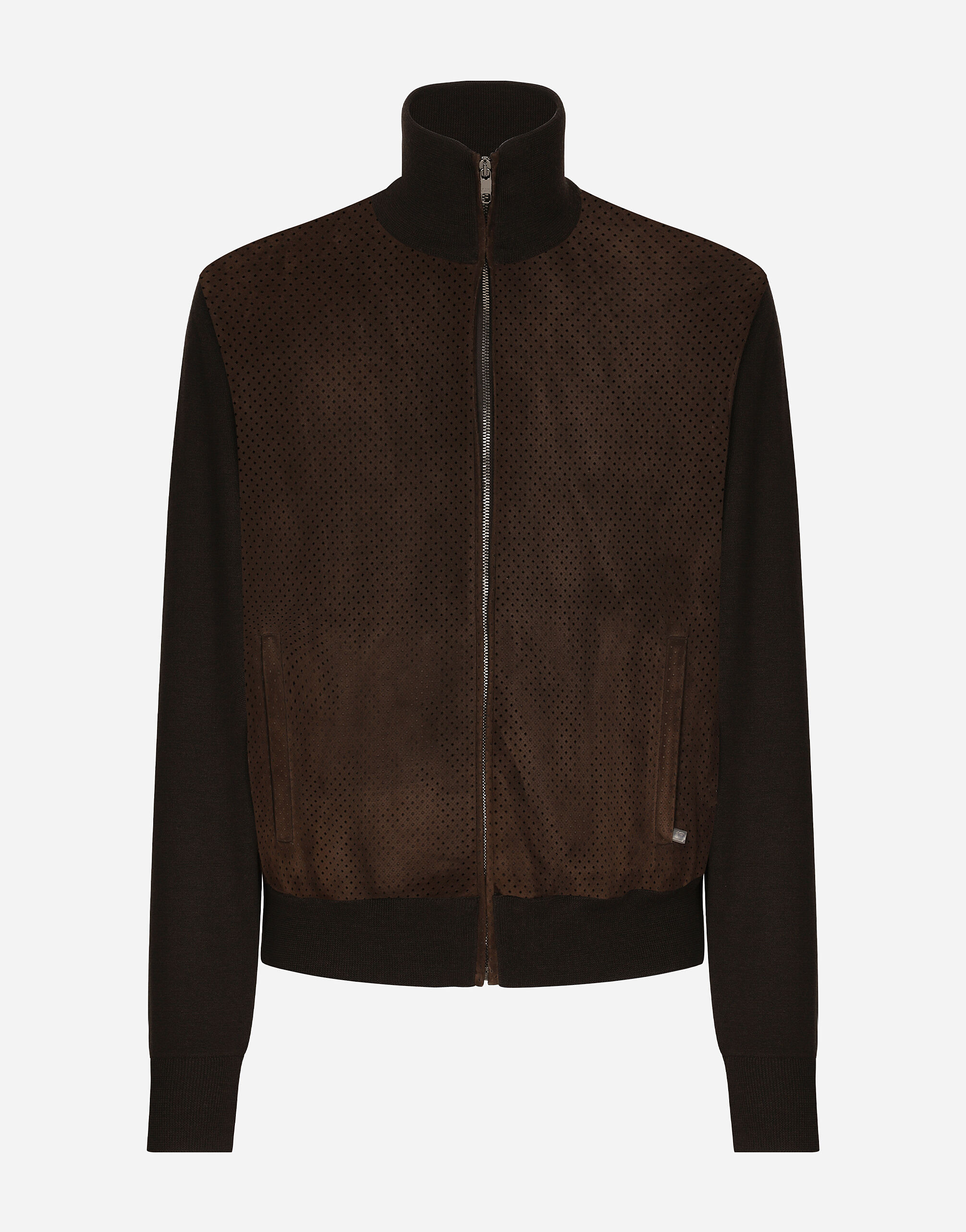 ${brand} High-necked leather and wool jacket ${colorDescription} ${masterID}