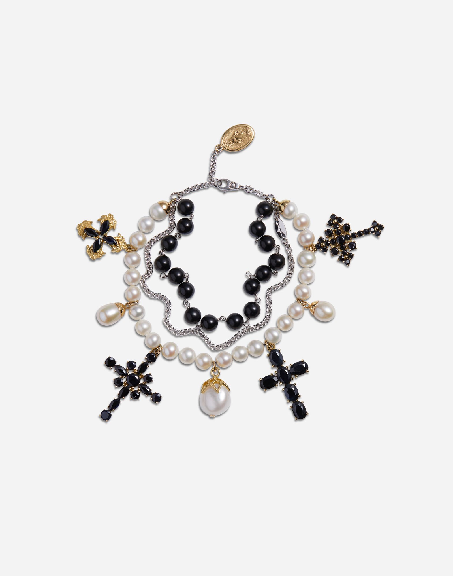 ${brand} Yellow and white gold family bracelet with cblack sapphire, pearl and black jade beads ${colorDescription} ${masterID}