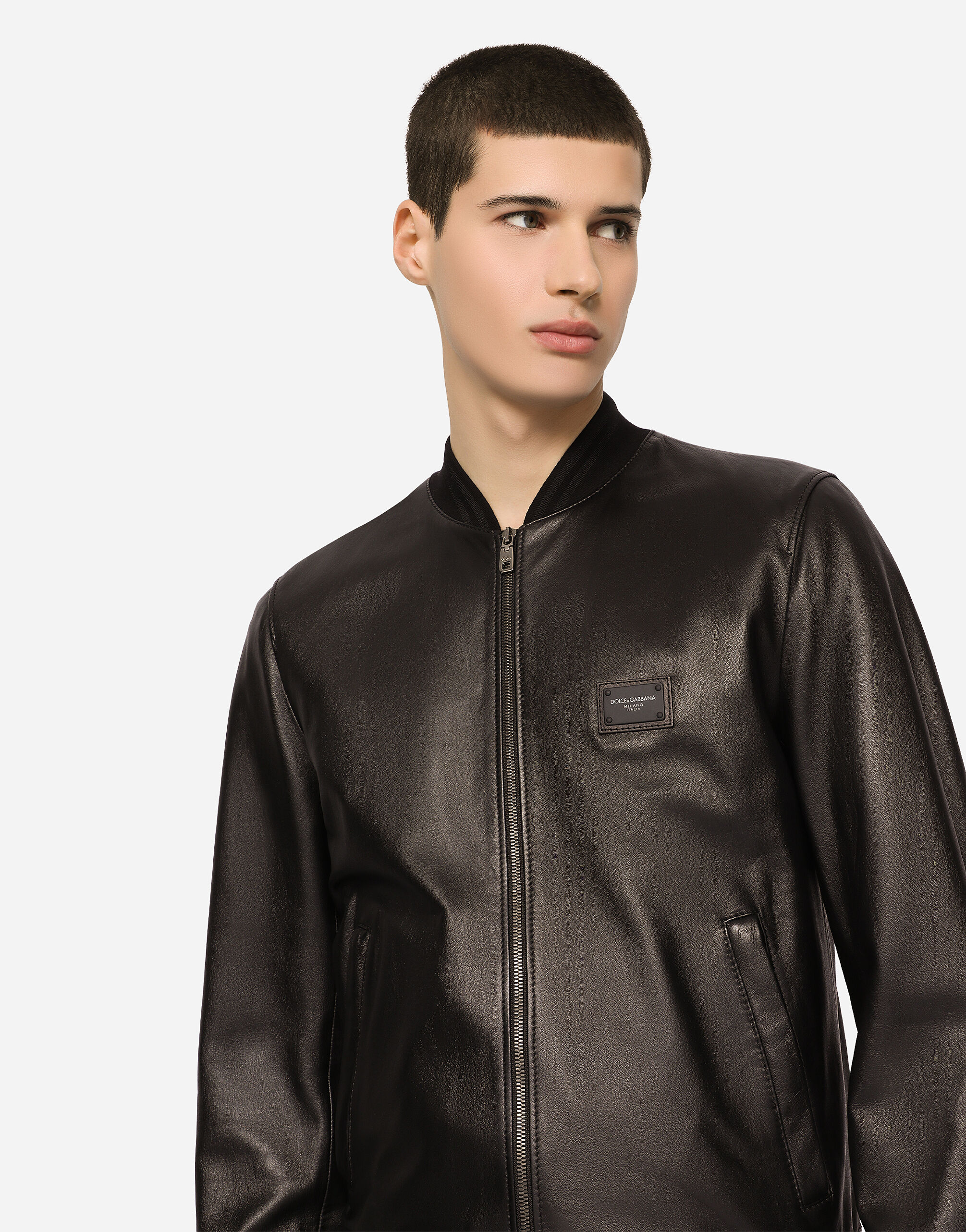 Leather jacket with branded tag in BLACK for Men | Dolce&Gabbana®