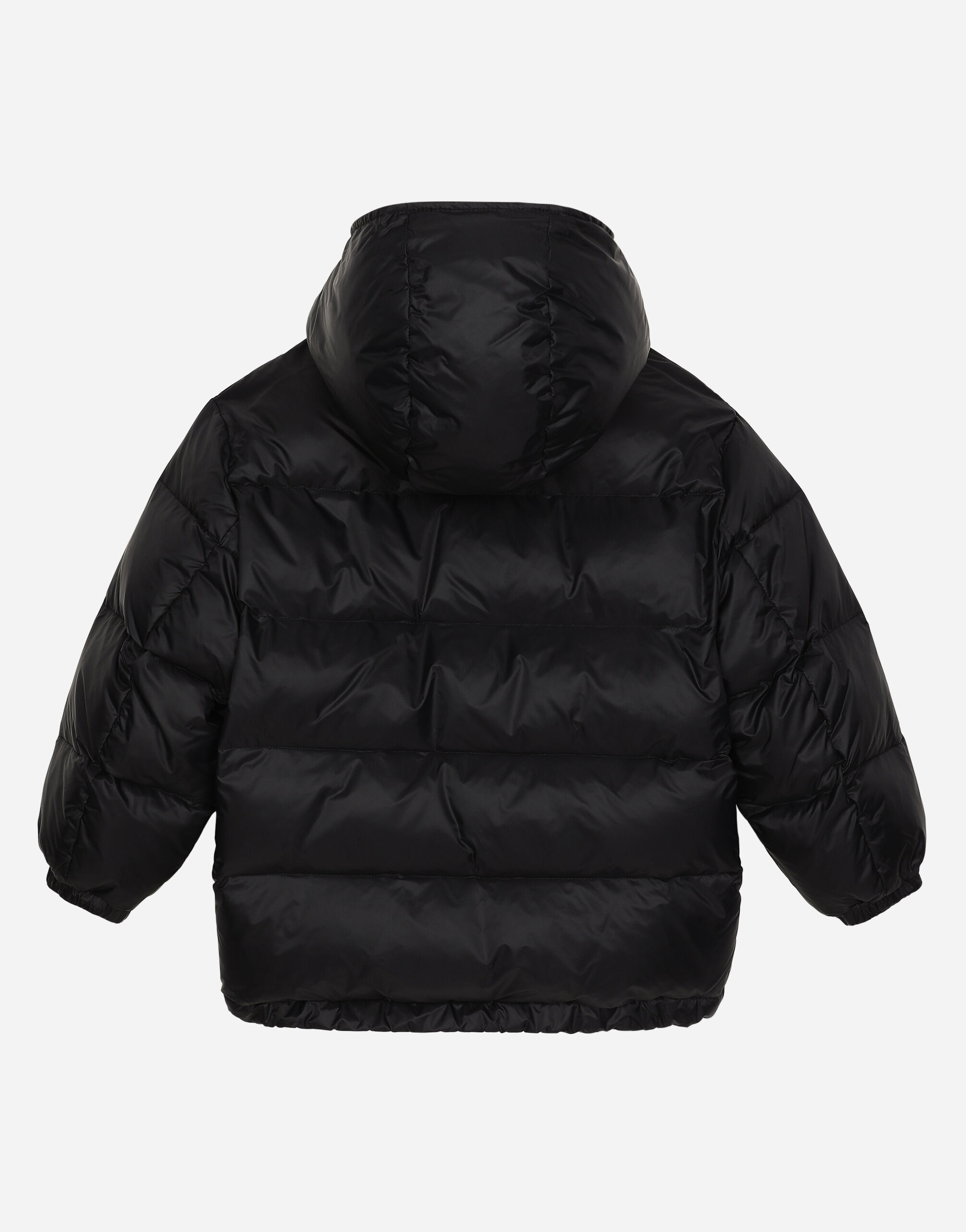 Nylon down jacket with hood and logo tag