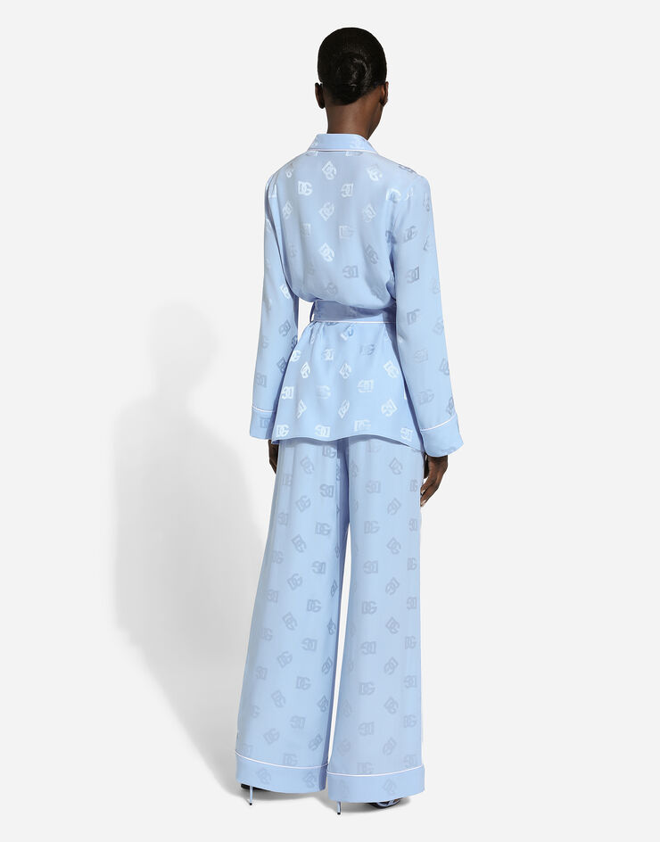 Dolce & Gabbana Silk satin jacquard pajama pants with all-over DG logo Light Blue FTAMPTFJ1JO