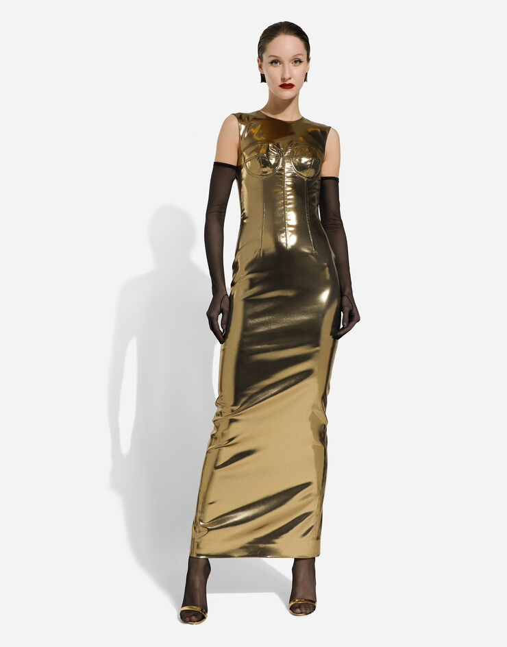 Dolce&Gabbana Langes Bustierkleid aus Satin in Metallic-Optik Gold F6DHYTFURMT