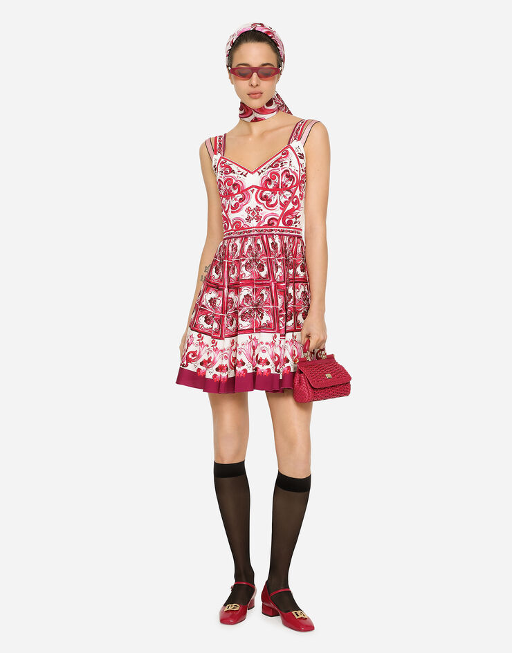 Dolce & Gabbana Vestido corto con corsé de charmeuse con estampado Maiolica Multicolor F6VK2THPADW