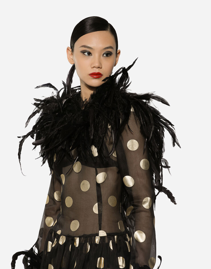 Dolce & Gabbana Long polka-dot silk organza dress with feathered details Print F6JRMTHS100