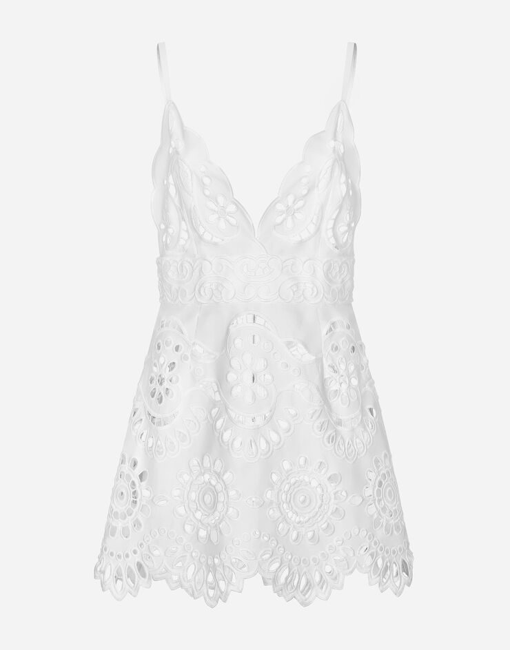Dolce & Gabbana Mini-robe en coton avec bretelles et broderie ajourée Blanc F6JIHZGDCJR