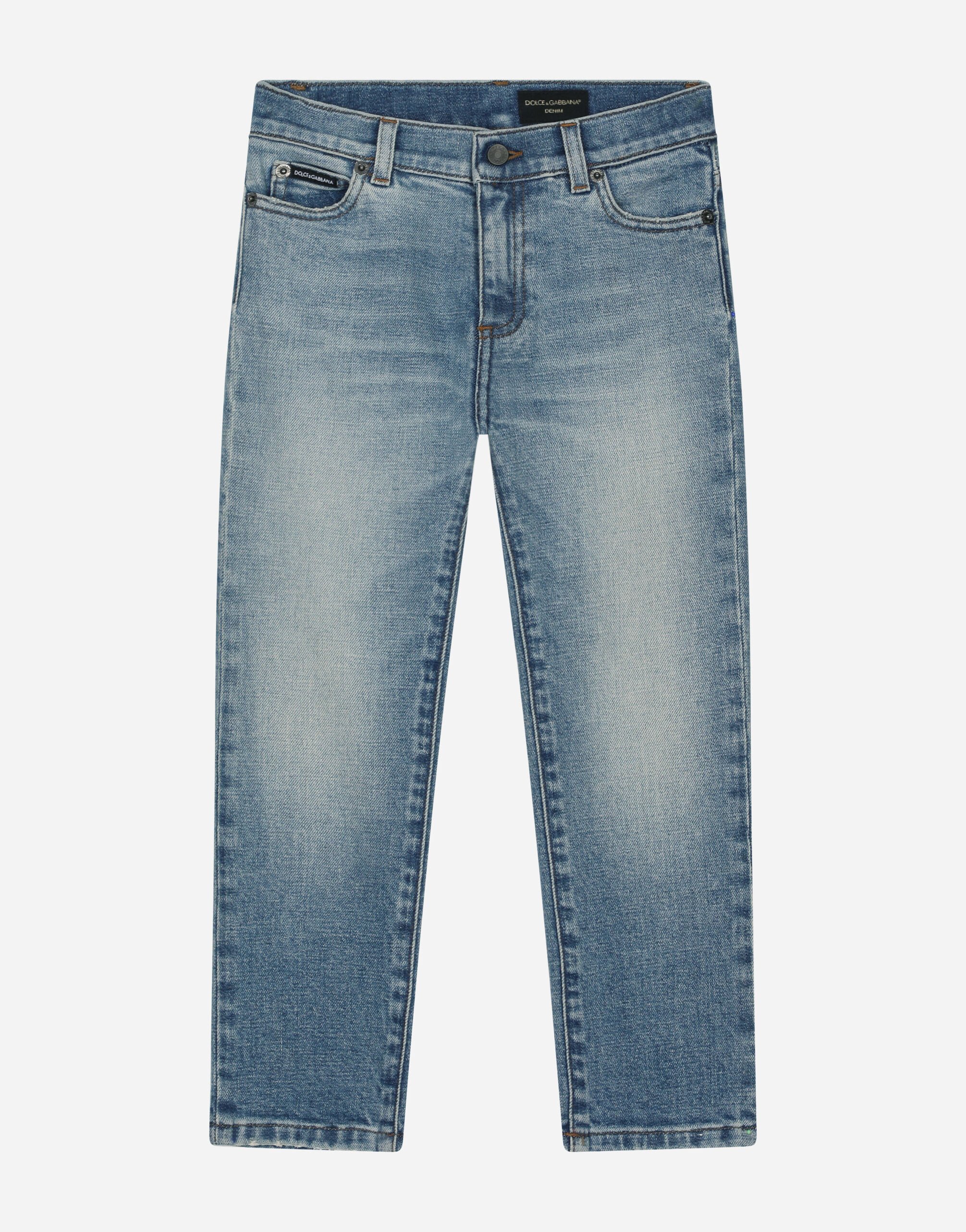 ${brand} 5-pocket treated stretch denim jeans with logo print ${colorDescription} ${masterID}
