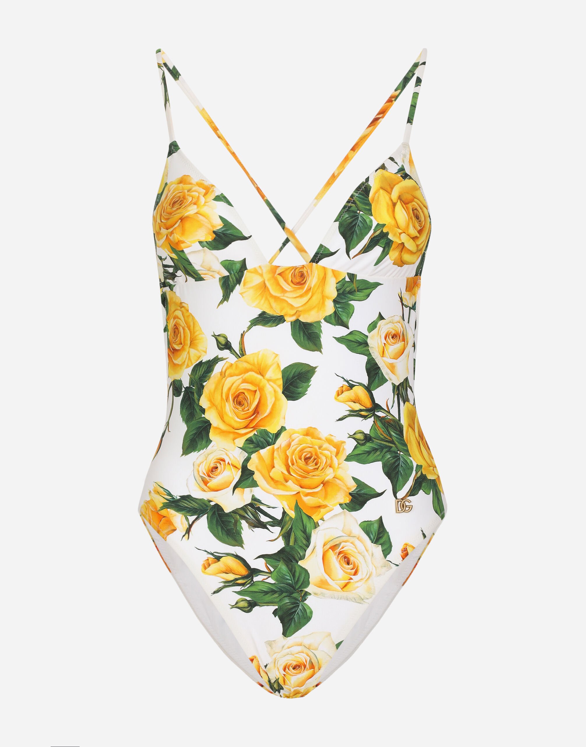 ${brand} One-piece swimsuit with plunging neckline and yellow rose print ${colorDescription} ${masterID}