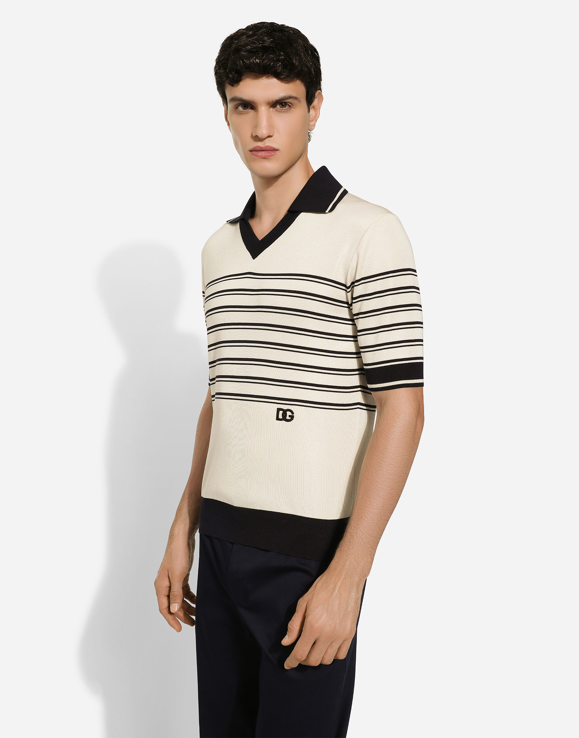 Striped silk V-neck polo-shirt with DG logo