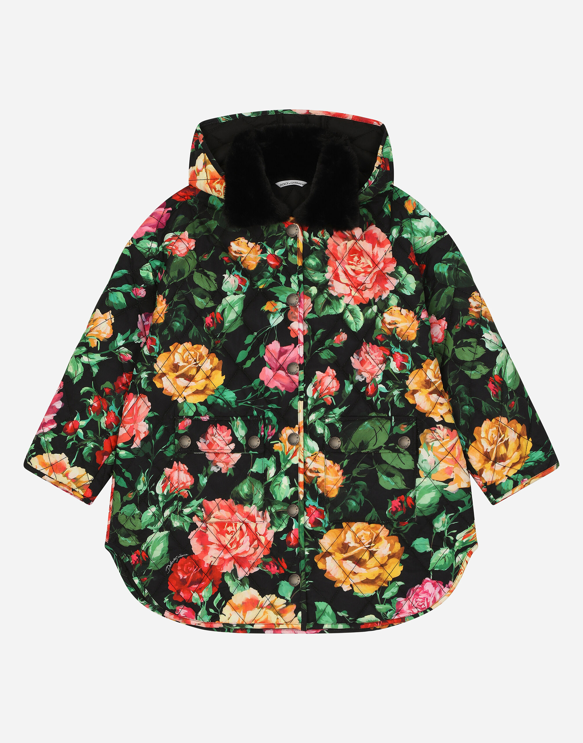 ${brand} Short quilted nylon down jacket with rose print over a black background ${colorDescription} ${masterID}