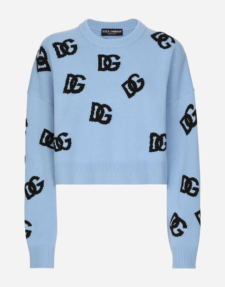 Dolce & Gabbana Pull ras-de-cou en laine avec logo DG en intarsia Bleu Ciel FXX63TJCVZL