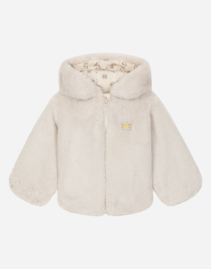 Dolce & Gabbana Blouson en fausse fourrure avec oreilles en 3D et plaquette à logo Beige L1JC34G7N1Y