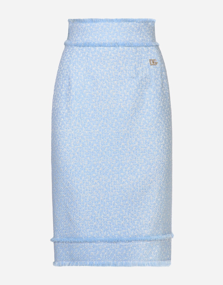 Dolce & Gabbana Calf-length raschel tweed pencil skirt with DG logo Azure F4CX3THUMUA