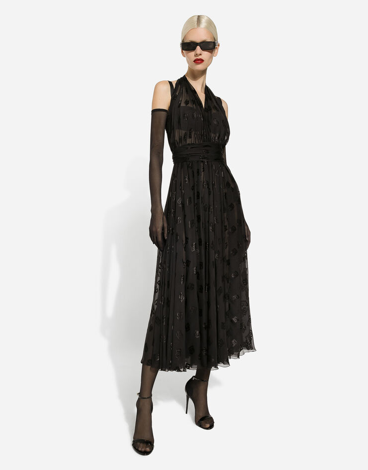 Dolce & Gabbana 올오버 DG 로고 데보레 새틴 미드카프 드레스 블랙 F6DLMTFJTBR
