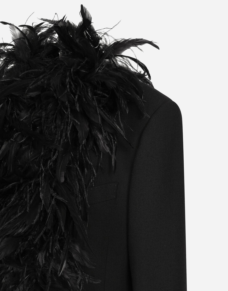 Dolce & Gabbana Double-breasted wool crepe coat with belt and rooster feather embellishment Black F0G1DTFUBCI