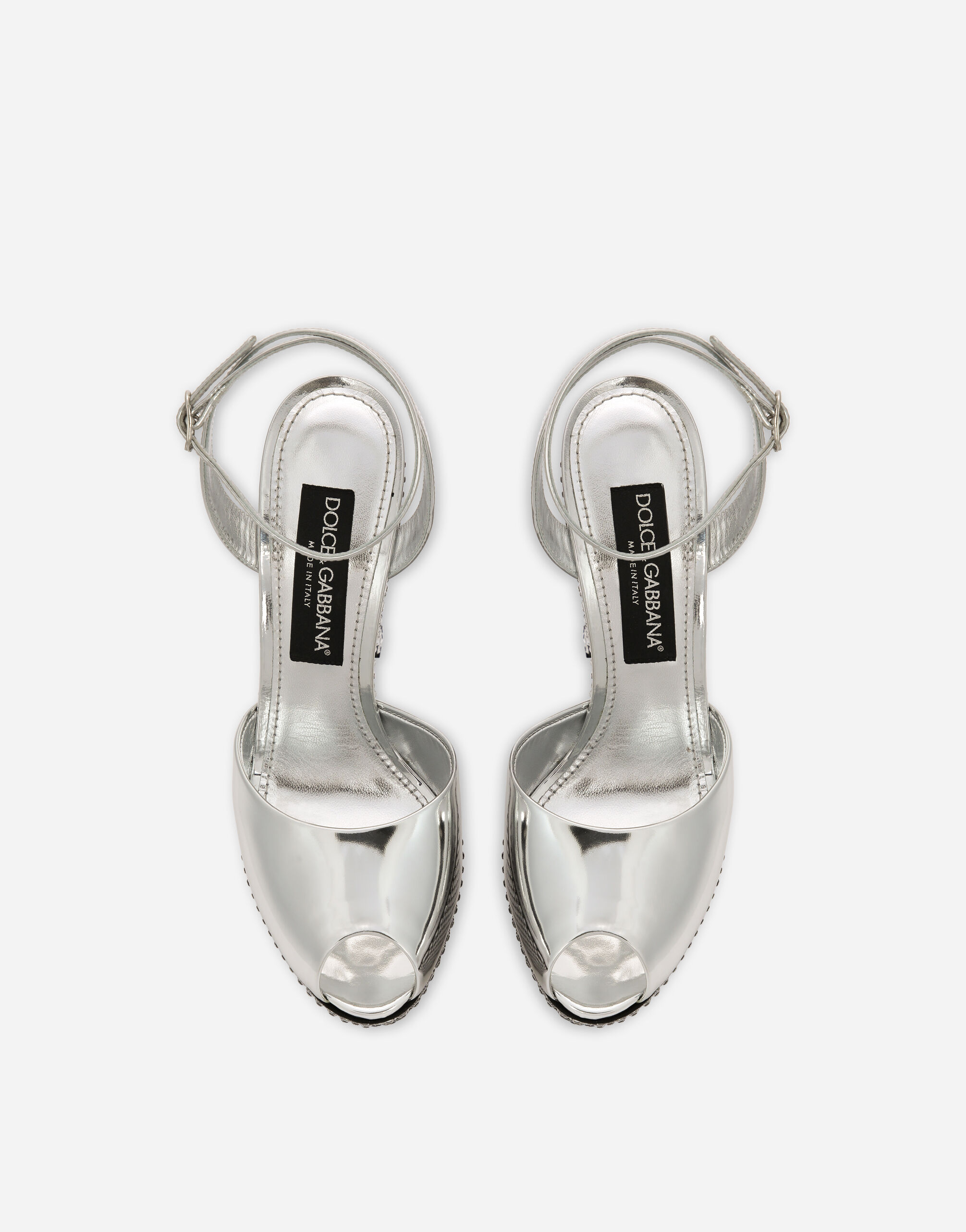 Mirrored-effect calfskin platforms with fusible rhinestones in 