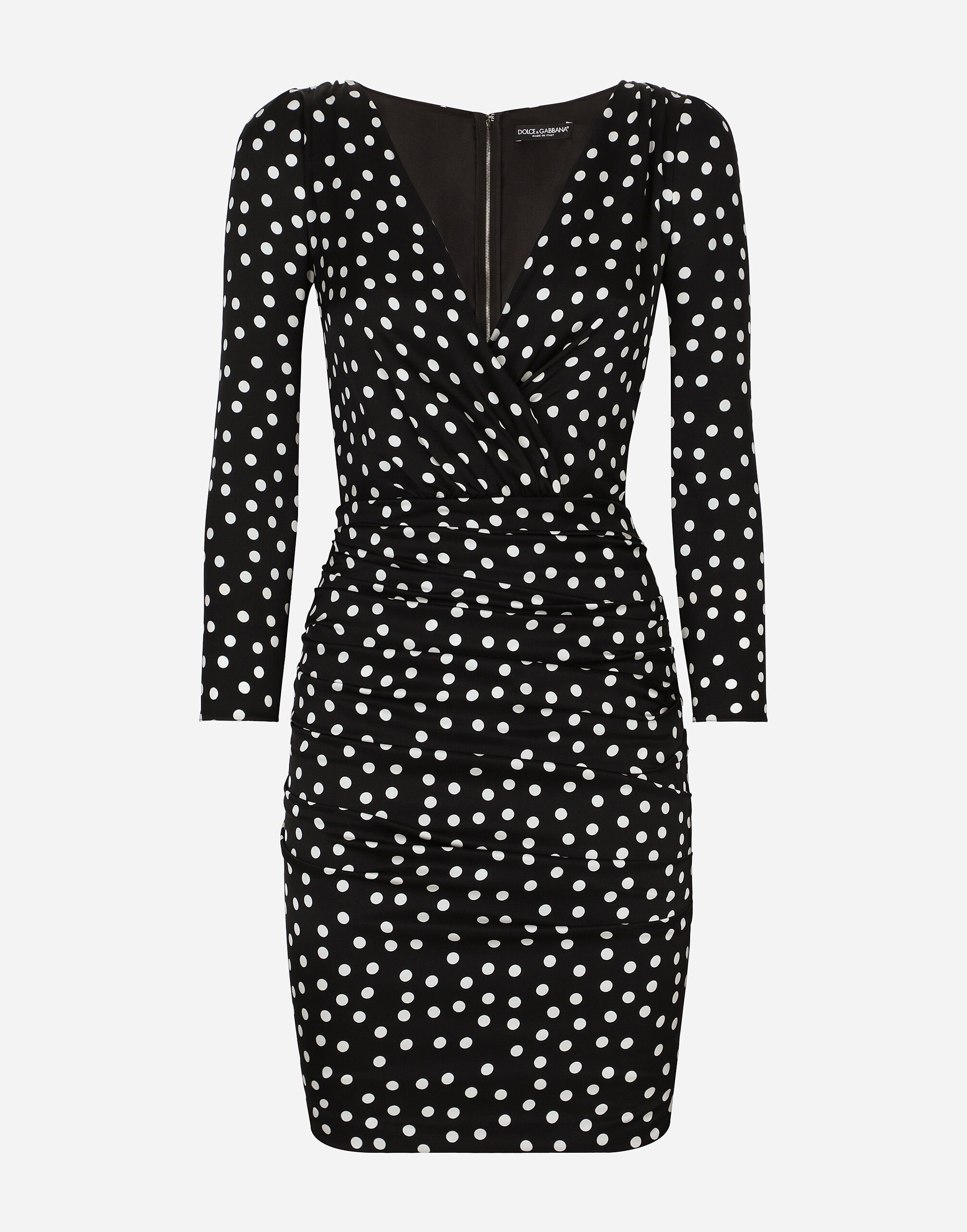 ${brand} Short charmeuse dress with draped detailing and micro polka-dot print ${colorDescription} ${masterID}