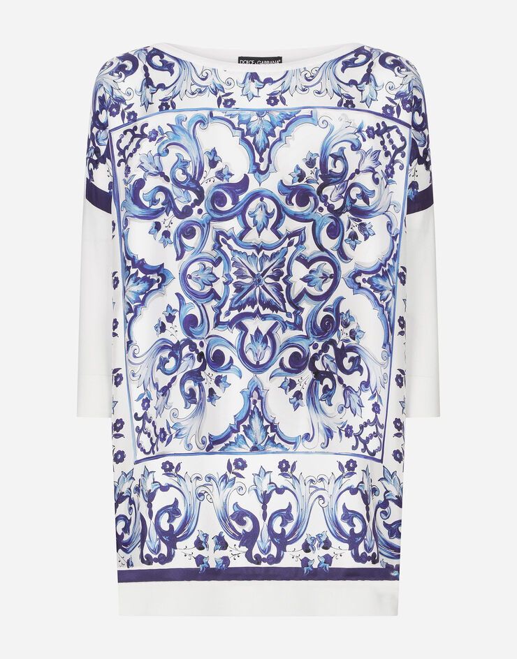 Dolce & Gabbana Pullover girocollo in twill di seta con stampa maioliche Multicolore FXH14TJAST9