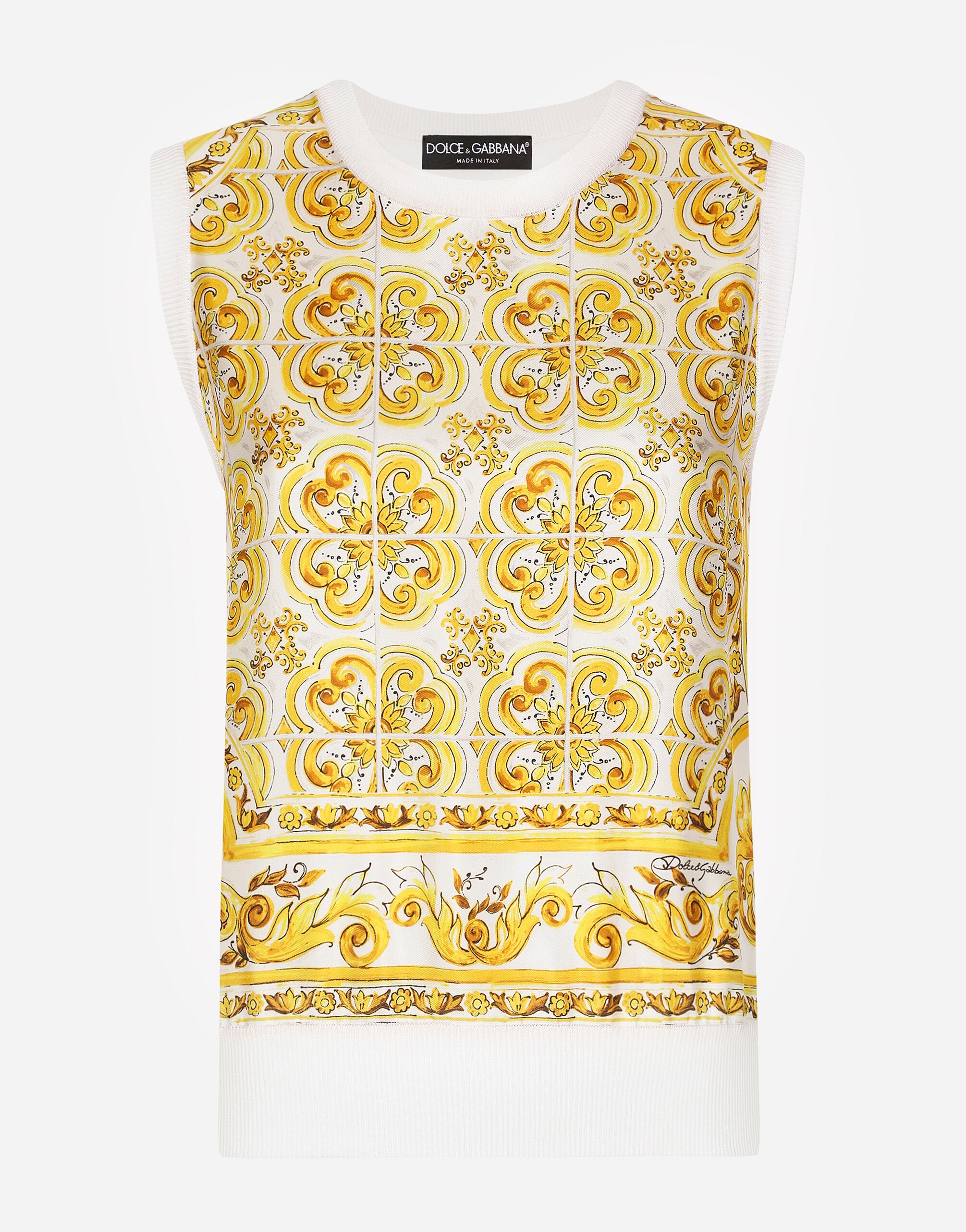 ${brand} Sleeveless silk sweater with majolica-print silk twill panel on the front ${colorDescription} ${masterID}