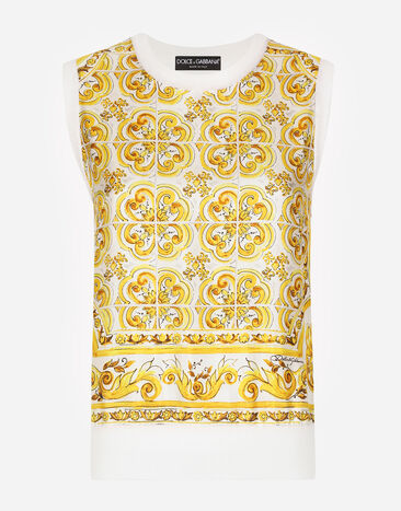 ${brand} Sleeveless silk sweater with majolica-print silk twill panel on the front ${colorDescription} ${masterID}