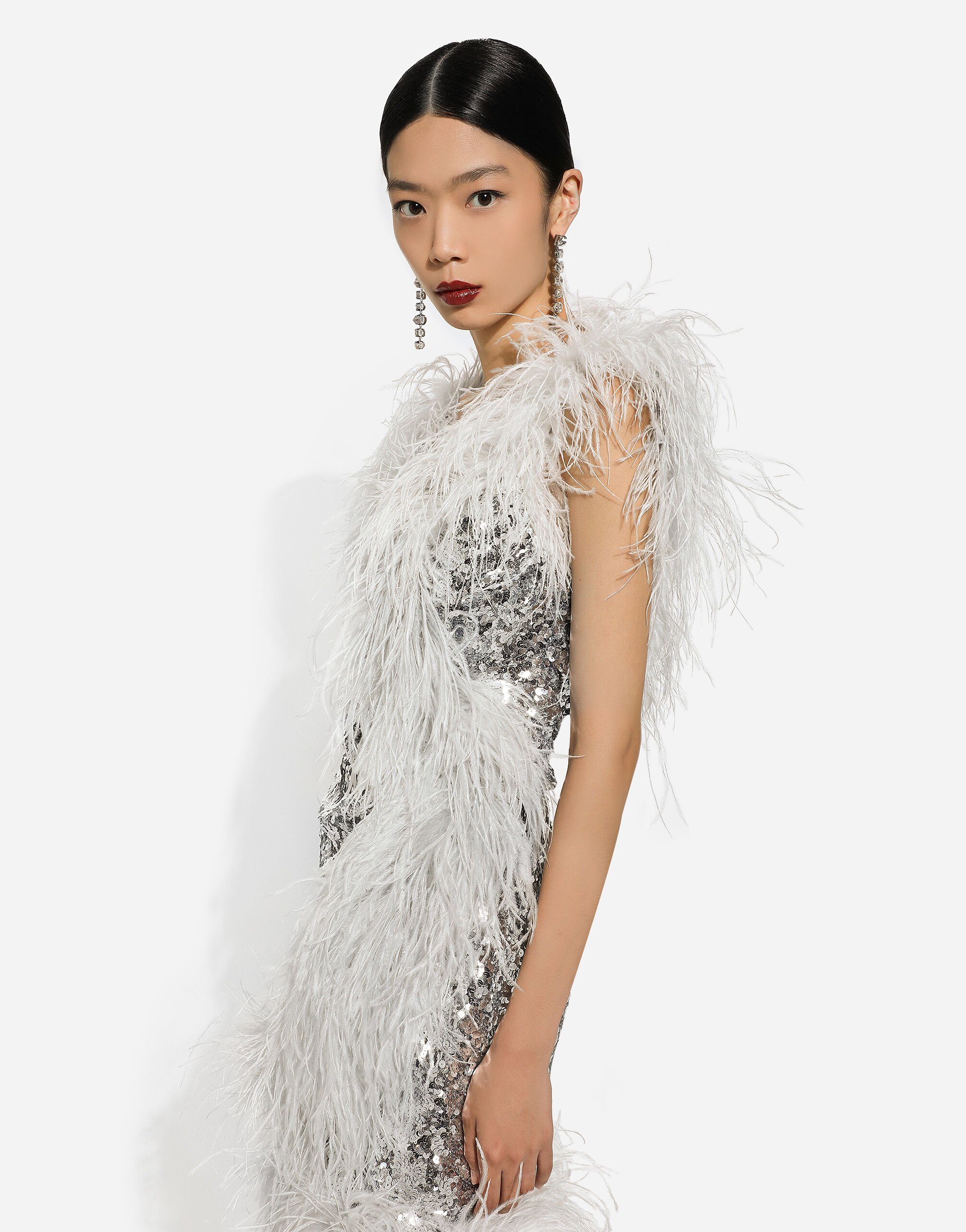 Dolce & Gabbana Short sequined wrap dress with feather trims female Silver