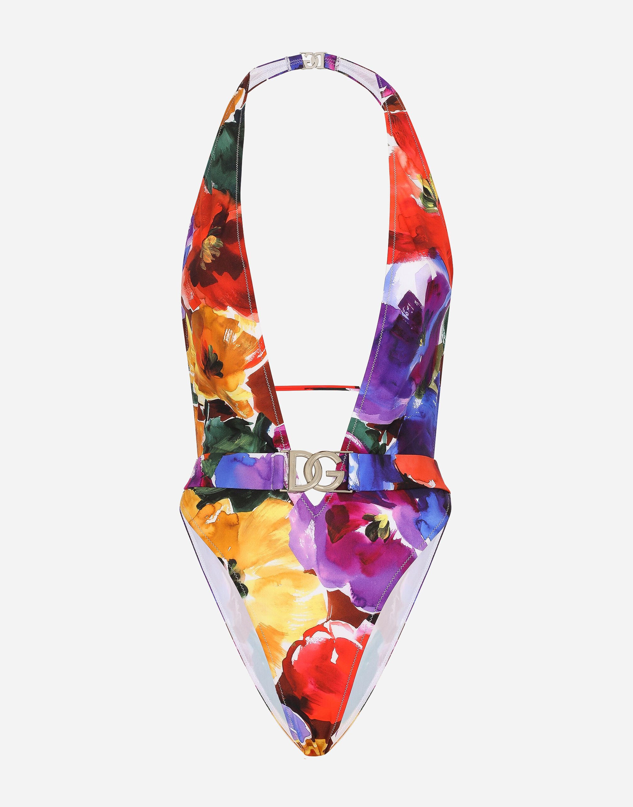 ${brand} Belted one-piece swimsuit with abstract flower print ${colorDescription} ${masterID}
