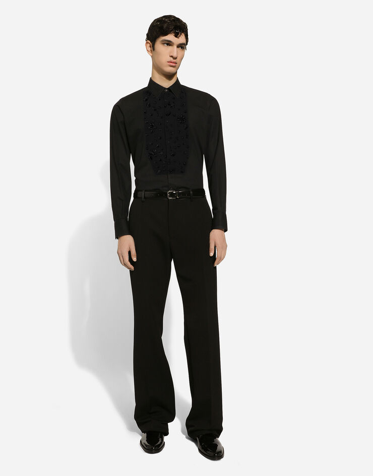 Dolce & Gabbana Gold-fit tuxedo shirt with rhinestone embroidery Black G5EN5ZFU5T9