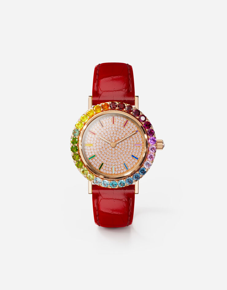 Dolce & Gabbana ساعة قزحية من الذهب الوردي بأحجار كريمة وماسات دقيقة ذات ألوان متعددة أحمر WWLB2GXA0XA
