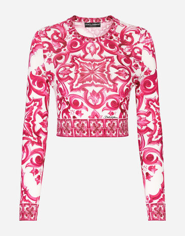 Dolce & Gabbana 마욜리카 프린트 실크 크롭 스웨터 화이트 BB7287AW576