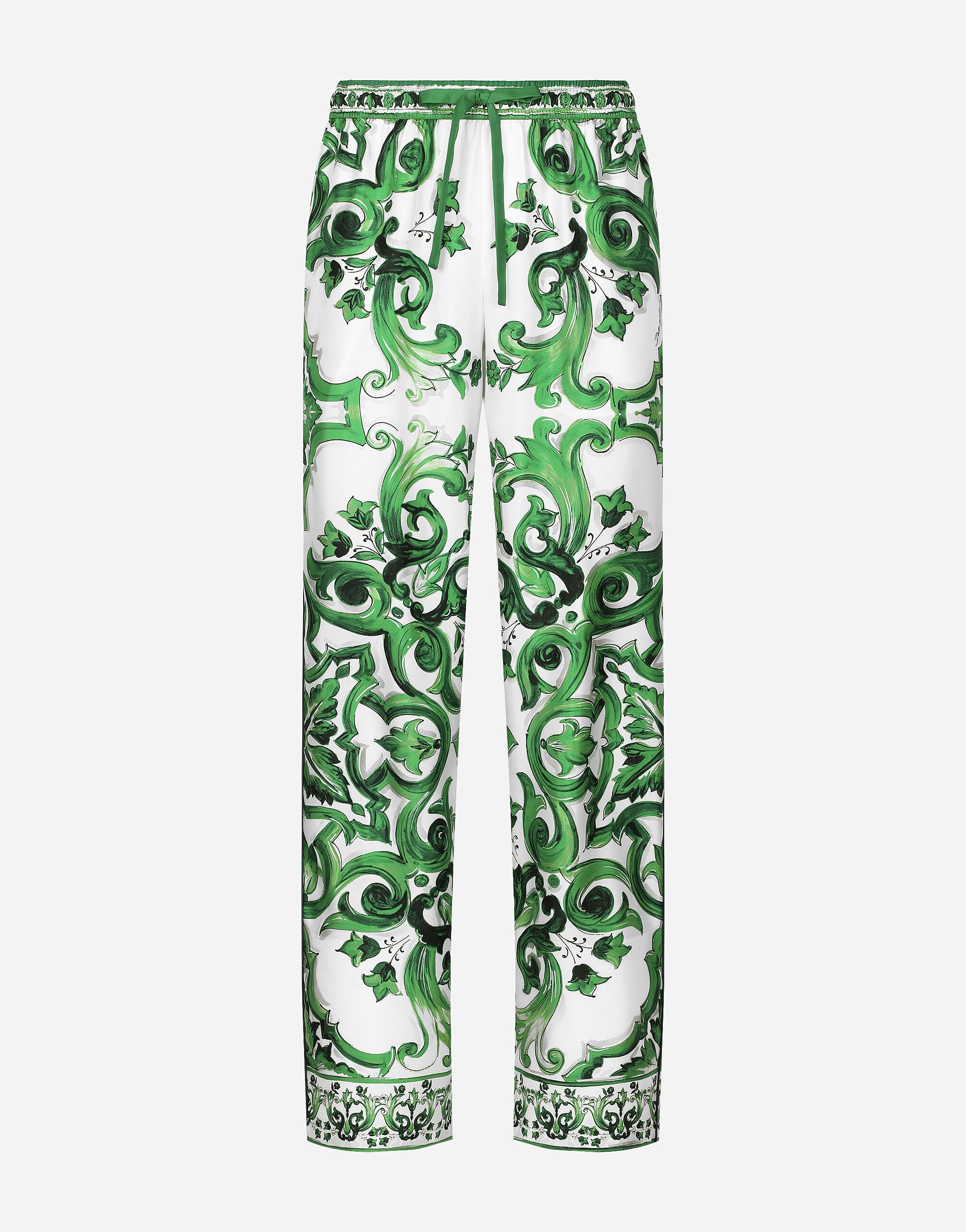 Dolce & Gabbana Pantalón estilo jogger en sarga de seda con estampado Maiolica Imprima G5JH9THI1S6