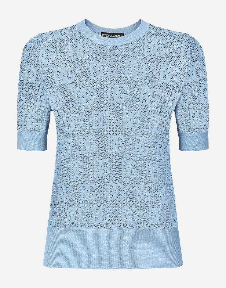 Dolce & Gabbana Pull en viscose point dentelle avec logo DG en jacquard Bleu Ciel FXX03TJFMGR