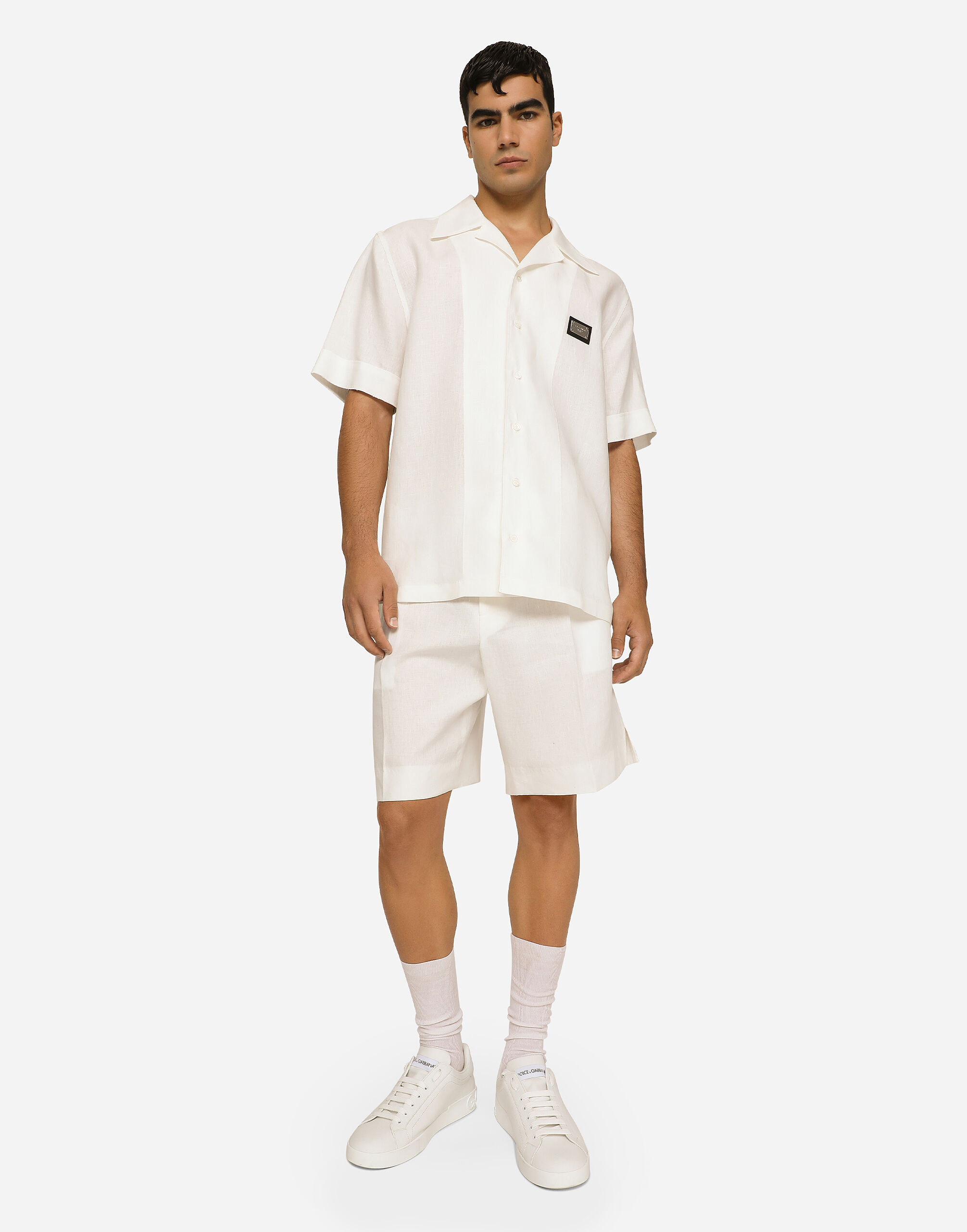 Linen Hawaiian shirt with logo tag in White for | Dolce&Gabbana® US