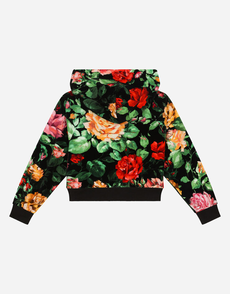 Dolce & Gabbana Kapuzensweatshirt aus Chenille mit Rosenprint auf schwarzem Grund Drucken L5JWBBHS7O9