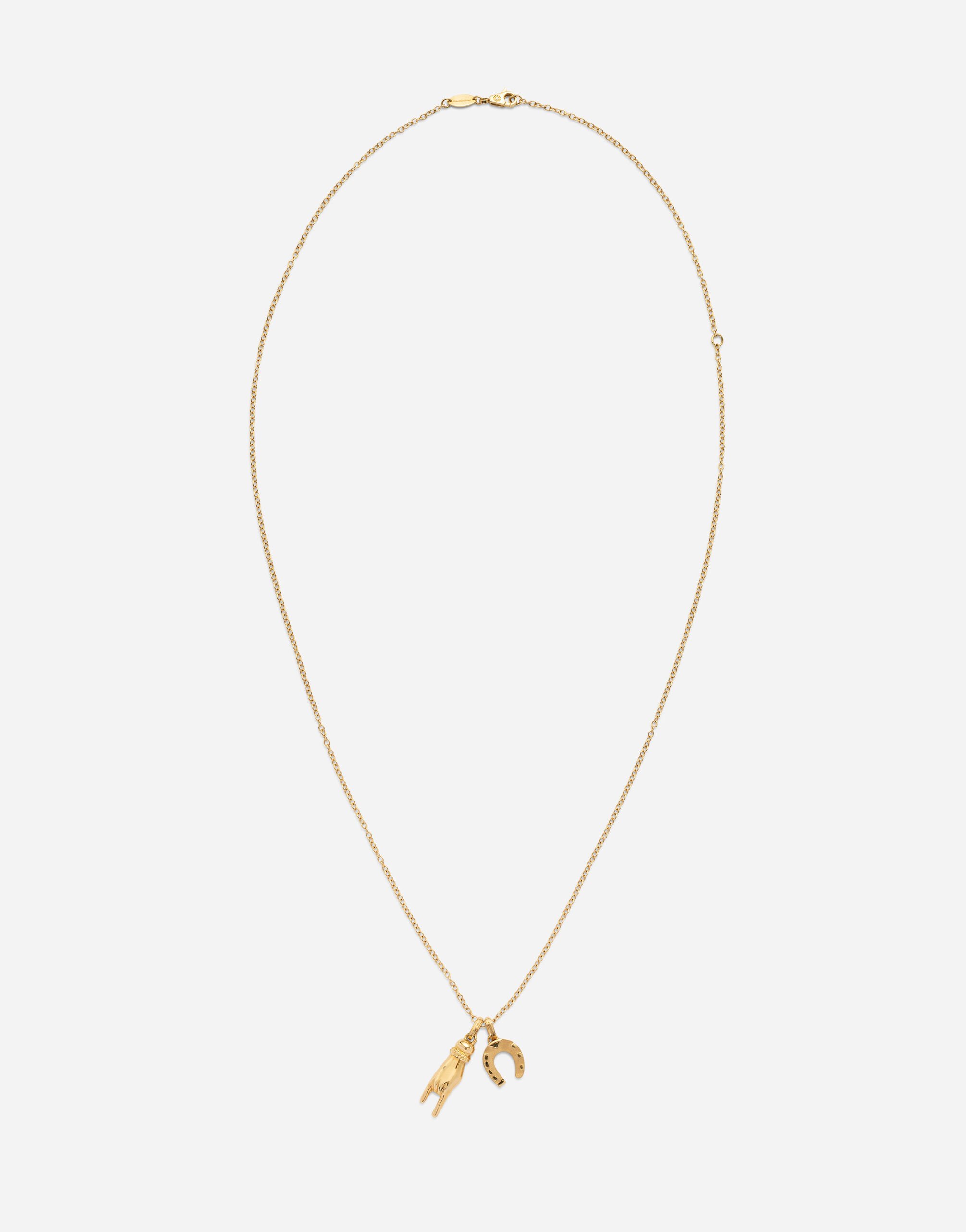 ${brand} Good luck hand with horn and horseshoe pendants on yellow gold chain ${colorDescription} ${masterID}