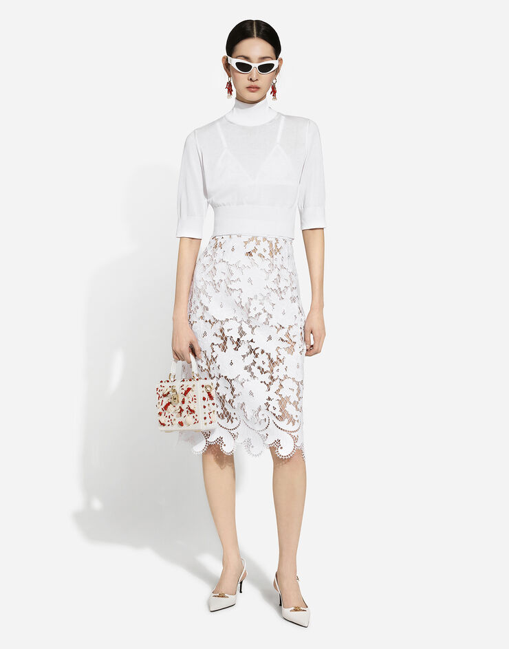 Dolce & Gabbana Falda midi de algodón con bordado floral calado Blanco F4CVRZFG6AD