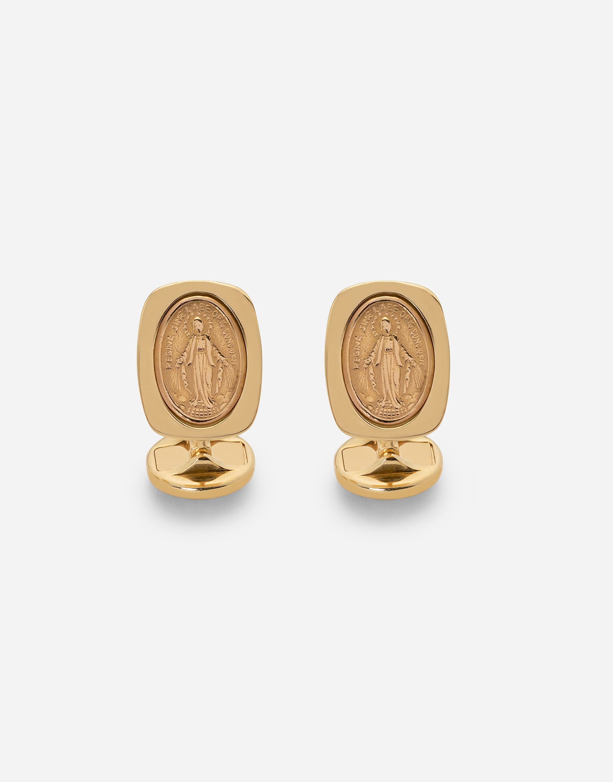 ${brand} Devotion yellow gold cufflinks with a red gold Virgin Mary medallion ${colorDescription} ${masterID}