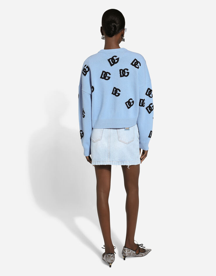 Dolce & Gabbana Wool round-neck sweater with DG logo inlay Azure FXX63TJCVZL