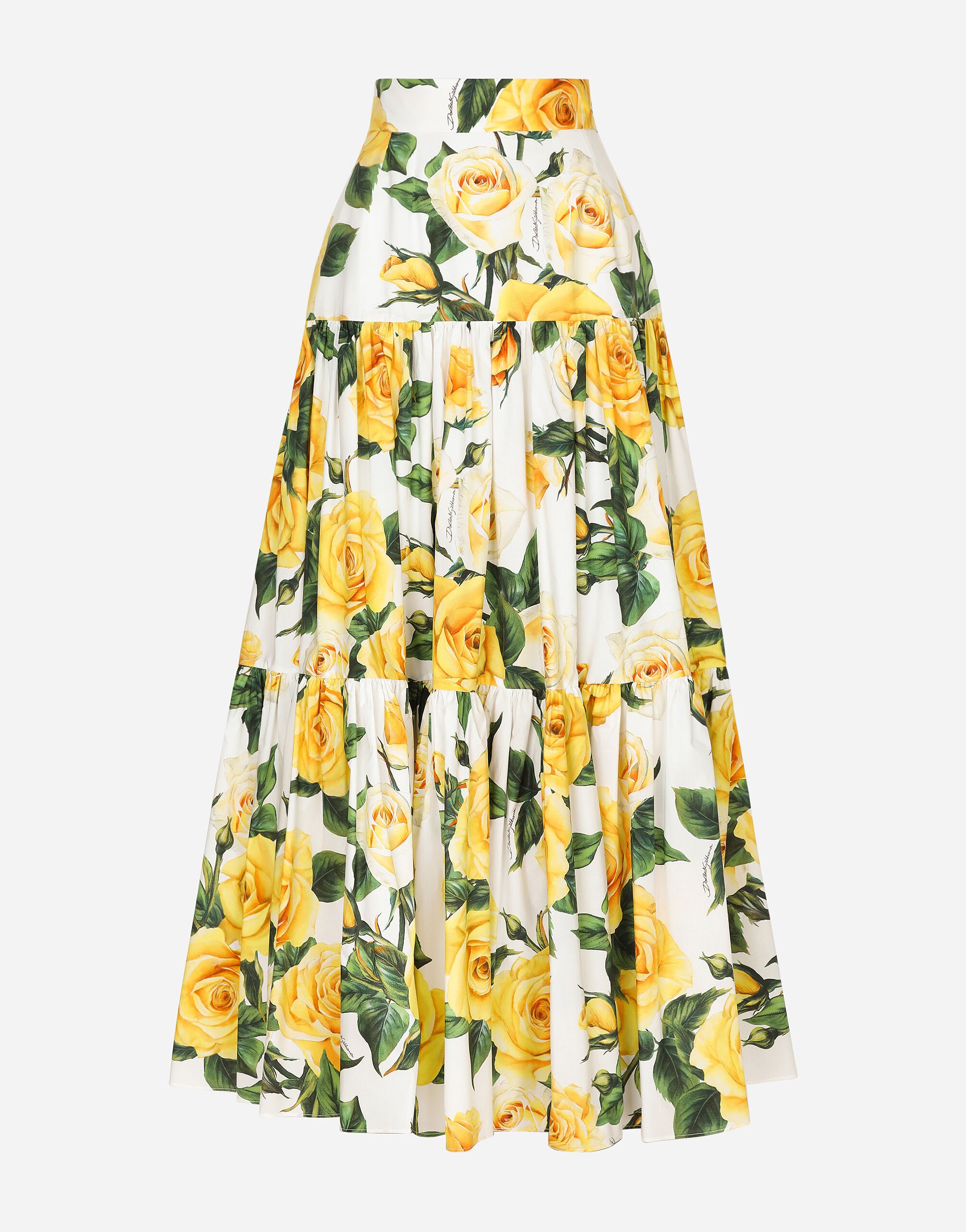 Dolce & Gabbana Falda de volantes larga de algodón con estampado de rosas amarillas Imprima F6ZT0THS5M3