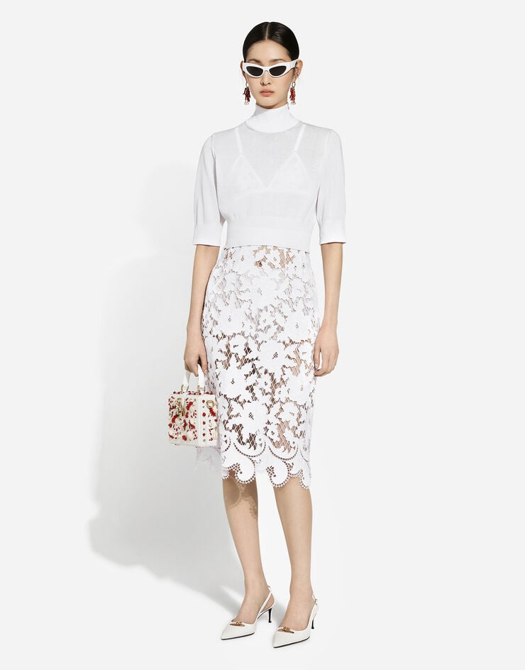 Dolce & Gabbana Jupe midi en coton avec broderie florale découpée Blanc F4CVRZFG6AD