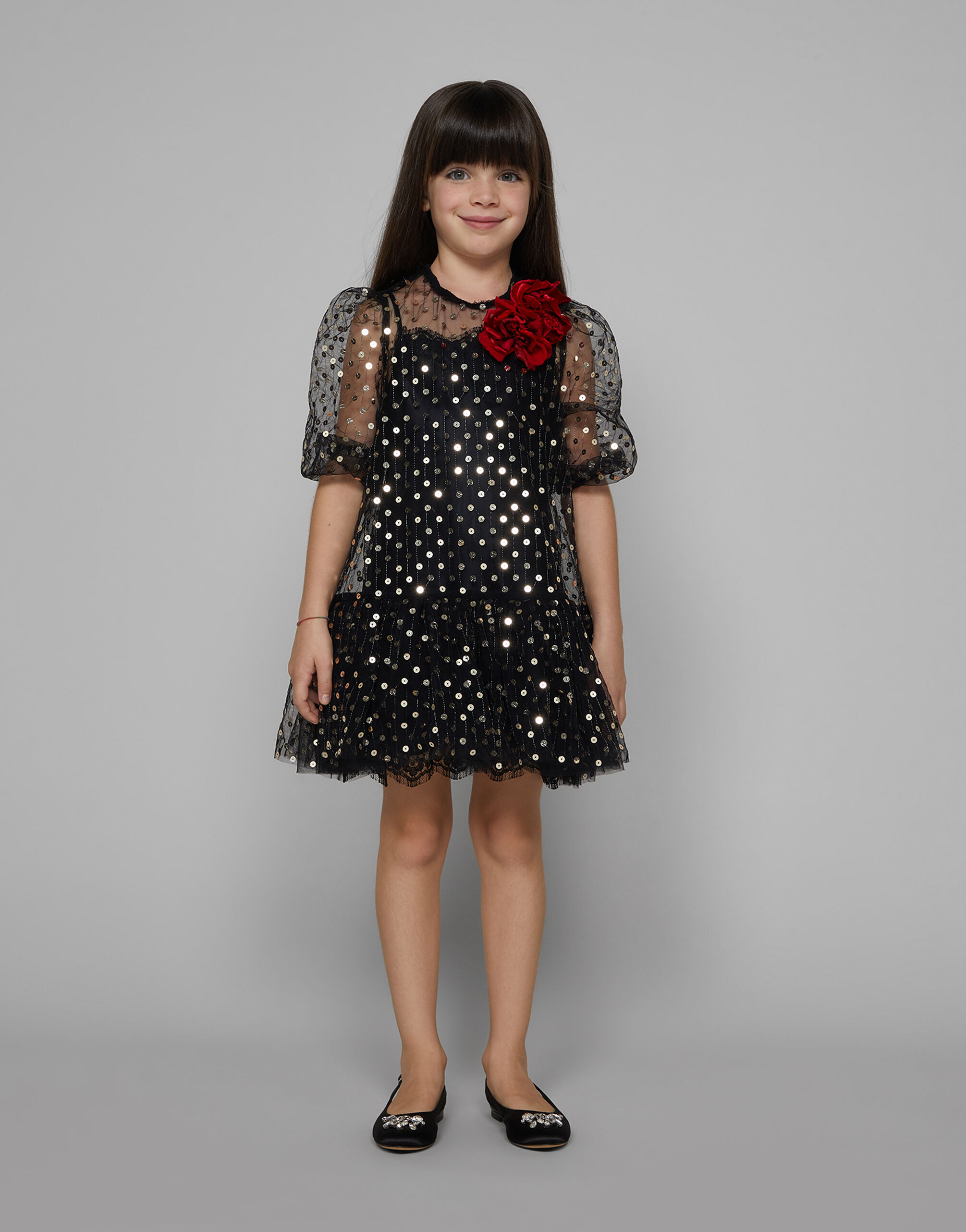 ブラックのガールズ Embroidered tulle dress with sequins 