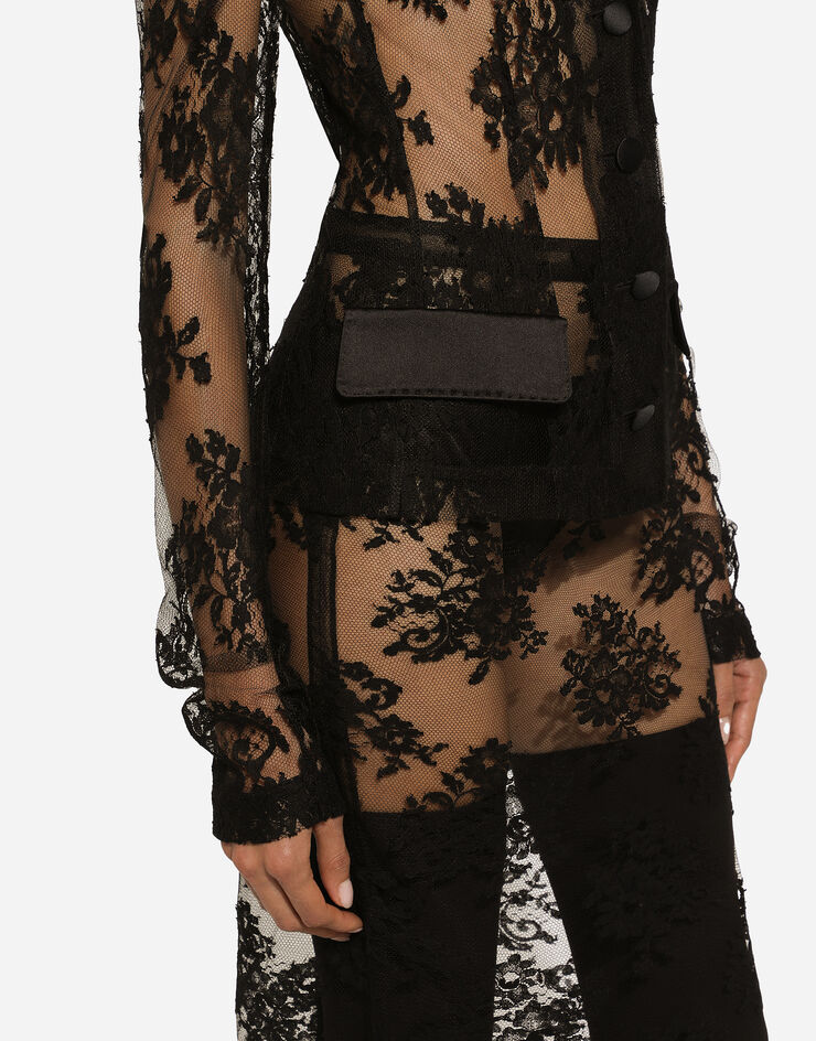 Dolce & Gabbana Jacke aus floraler Spitze mit Details aus Satin Black F27AJTHLMO7