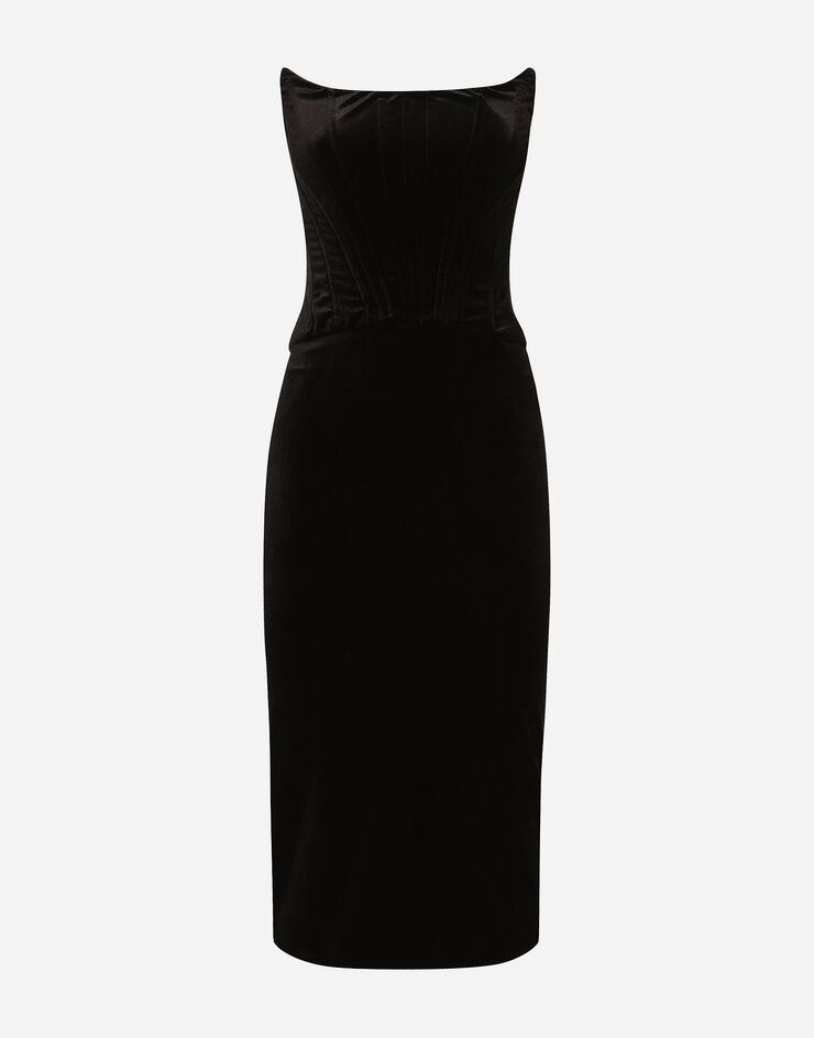 Dolce & Gabbana Longuette-Bustierkleid aus Samt Schwarz F6IAITFUWD6